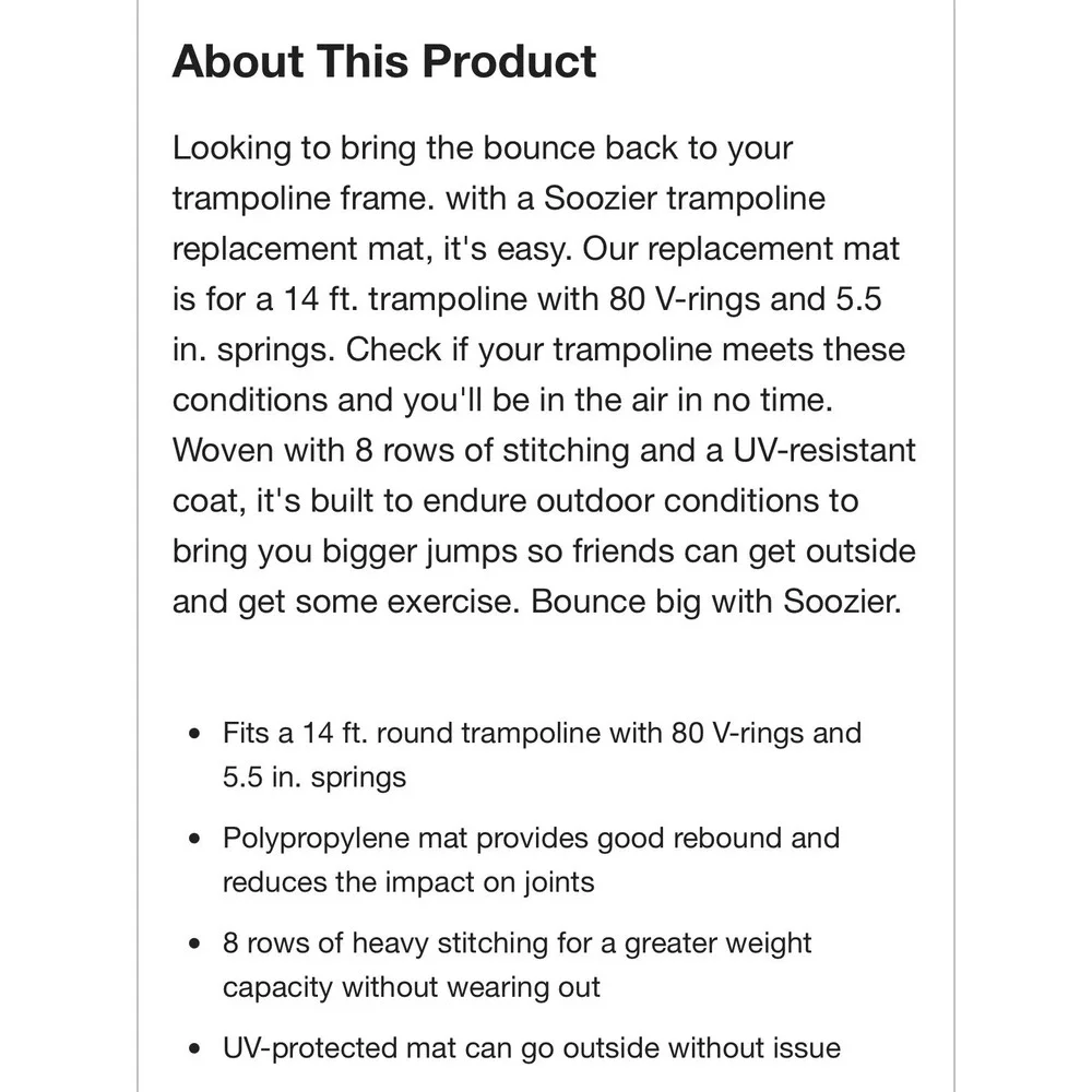 Soozier Trampoline Replacement Mat, Fits 14' Tramp w/‎ 80 V-Hooks & 5.5